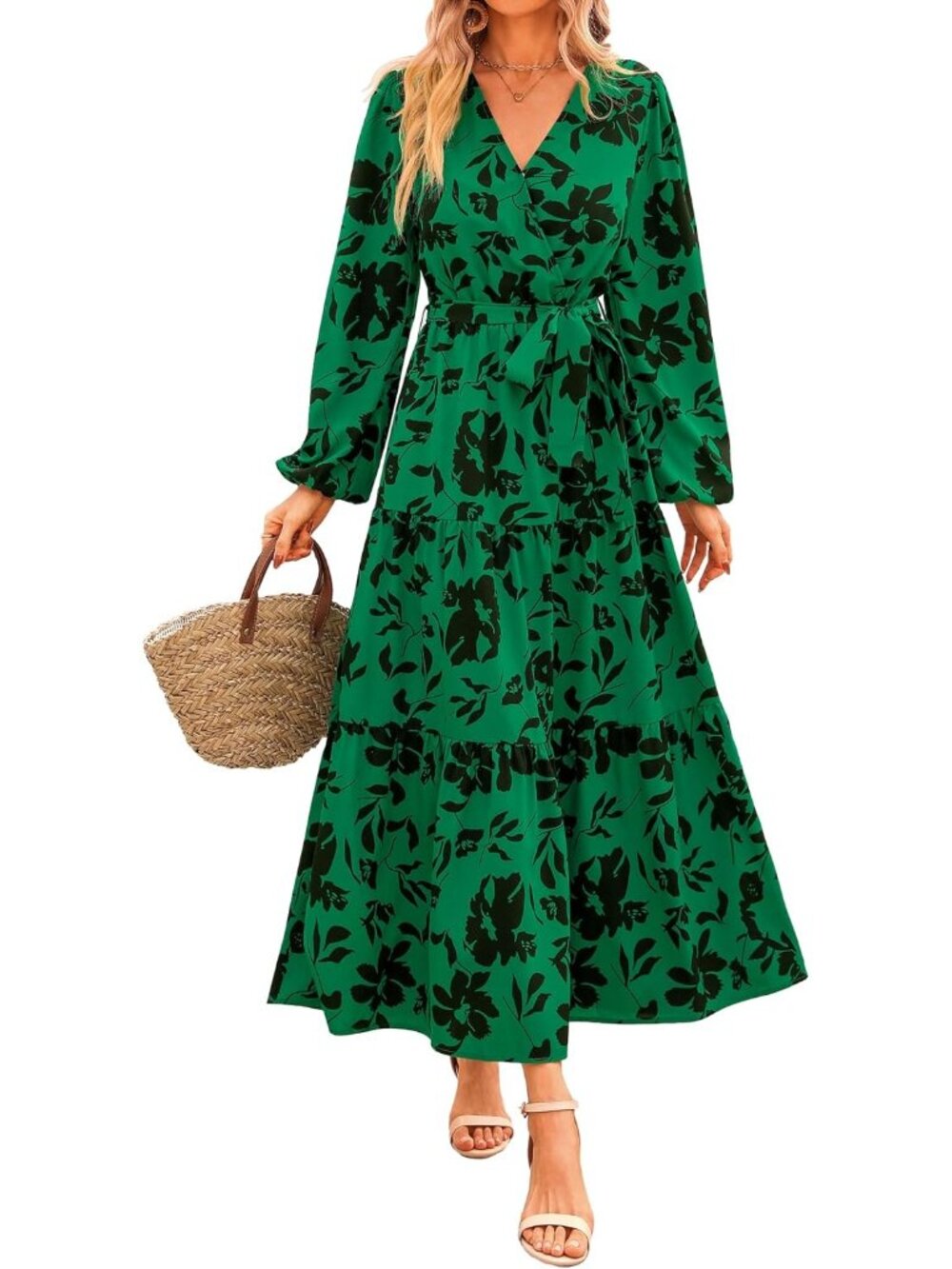 Women's Green Long Sleeve Casual Boho Floral Wrap Wedding Guest Maxi Dresses